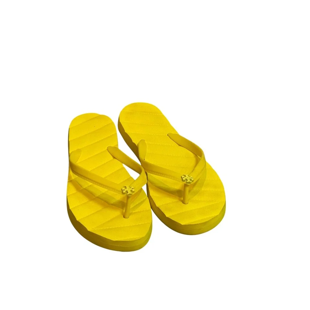 Tory Burch Yellow Quilted Texture Flip Flops Double T Logo Sandals Women Size 9